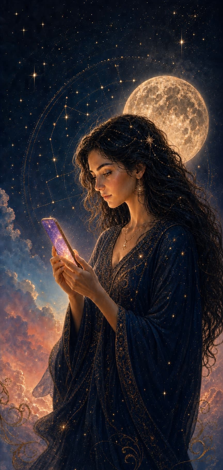 A woman beneath the moon looking at Astrodites.com on her phone