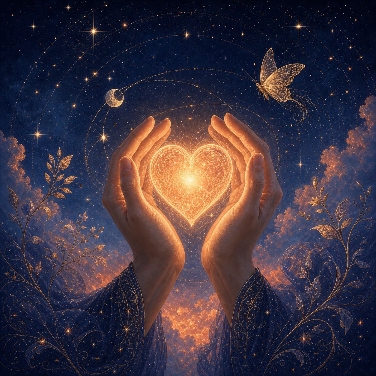 Two hands holding a glowing heart beneath a starry sky