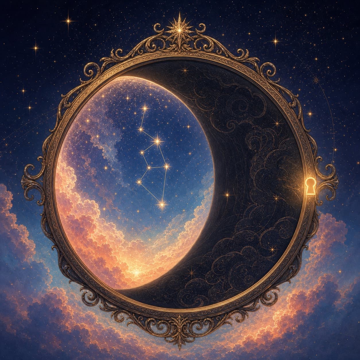 A moonlit mirror surrounded by stars and celestial symbols