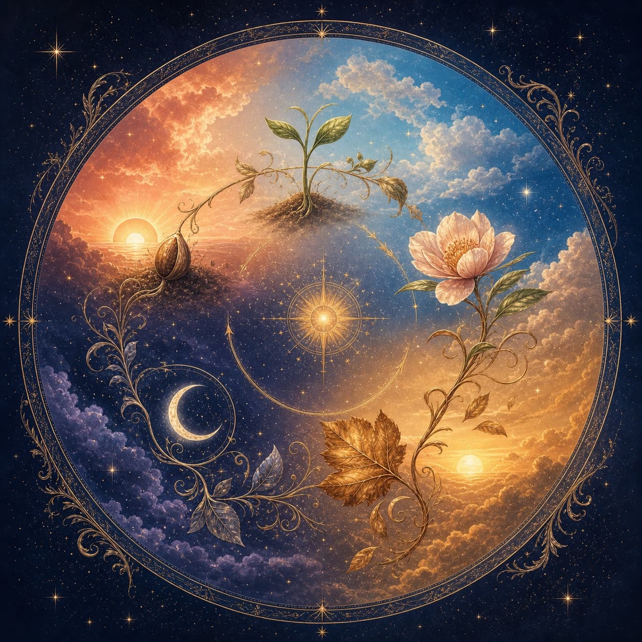 A celestial wheel moving through four botanical seasons